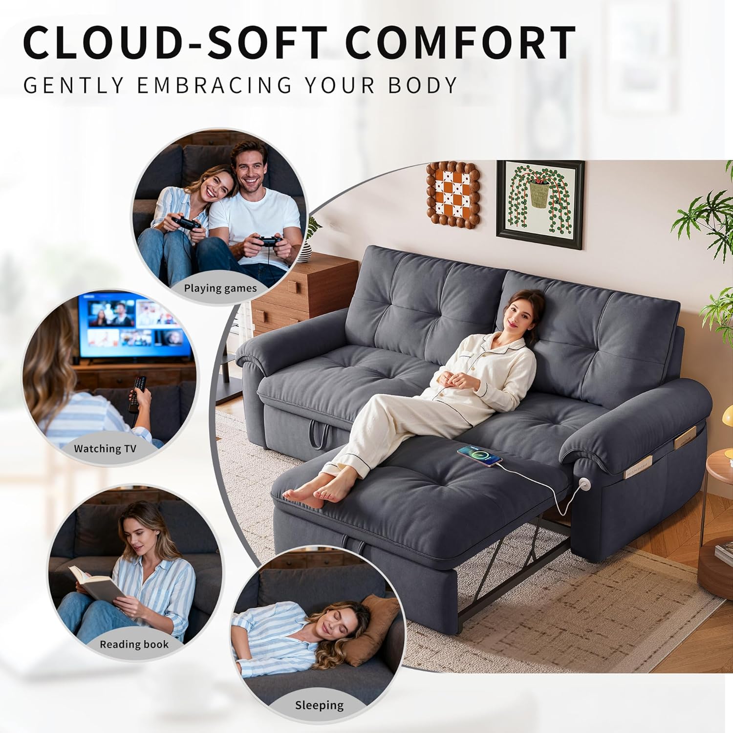 77' Queen Size Sofa Bed, Loveseat Sleeper Sofa with Pull Out Bed, Pockets and USB, Modern 2 Seater Convertible Small Couch for Living Room Bedroom Apartment, Gray