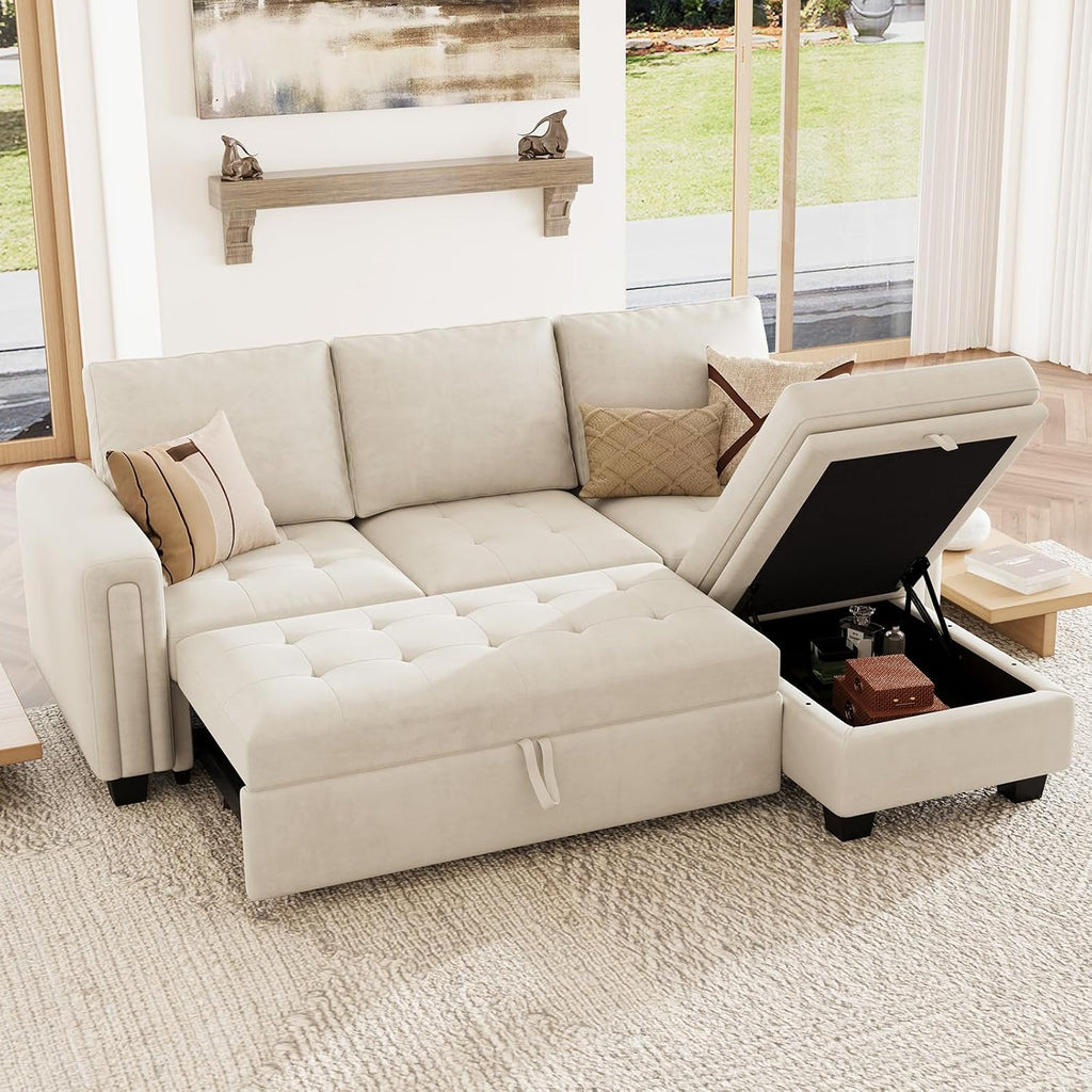 Belffin Sectional Sleeper Sofa with Pull Out Couch Bed Modular Sectional Sofa with Storage Velvet L Shaped Couch Sleeper Bed Beige