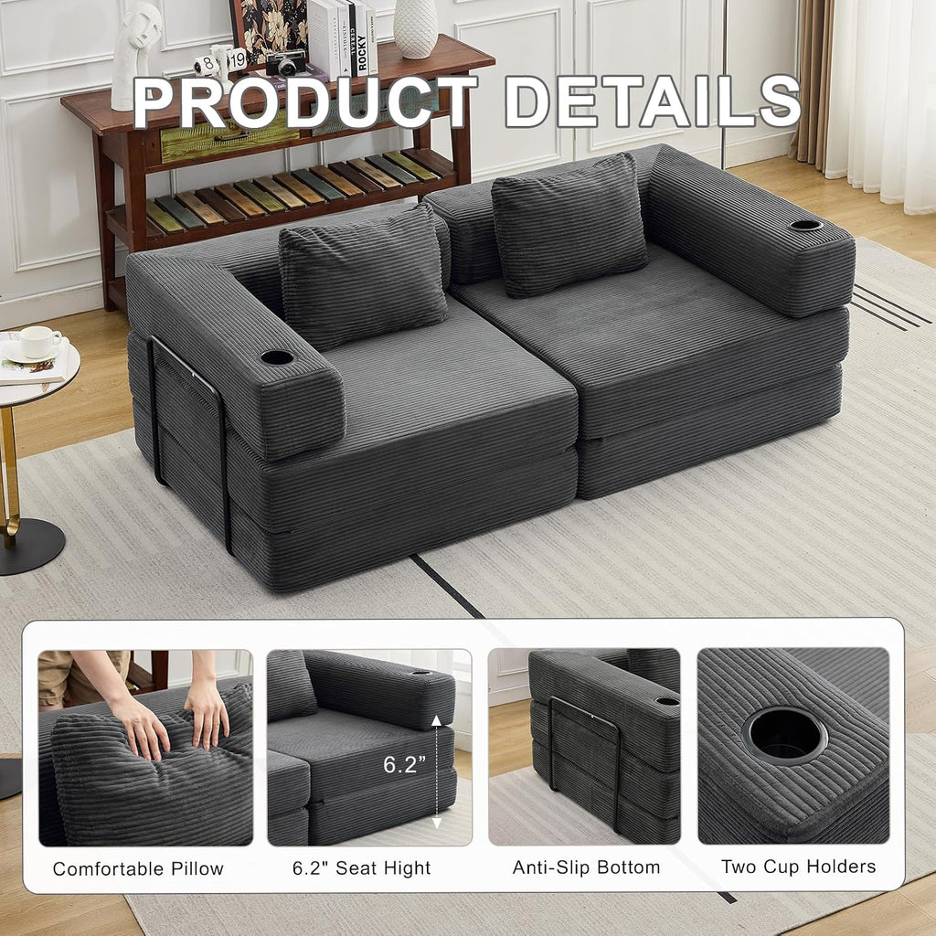 78' Loveseat Sleeper Sofa, 4 in 1 Convertible Floor Sofa Bed, Boneless Cloud Couch with Cup Holder, Fold Out Floor Couch for Living Room Bedroom Lounge, Corduroy, Dark Grey