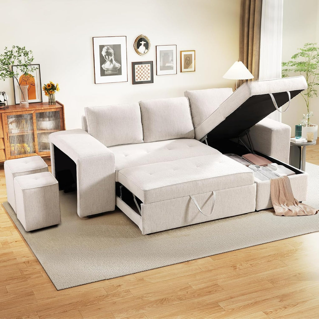 ANJ Chenille Sleeper Sofa Couch with Pullout Bed, 4 in 1 L Shaped Modular Sectional Sofa with Storage Ottoman for Living Room(Beige)