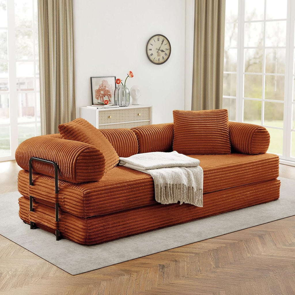 Antetek Modular Couch Bed, Convertible Folding Plush Corduroy Comfy Floor Compression Loveseat Sleeper Sofa Couch, King Size Bed for Guest Room Living Room Bedroom, No Assembly Required, Orange