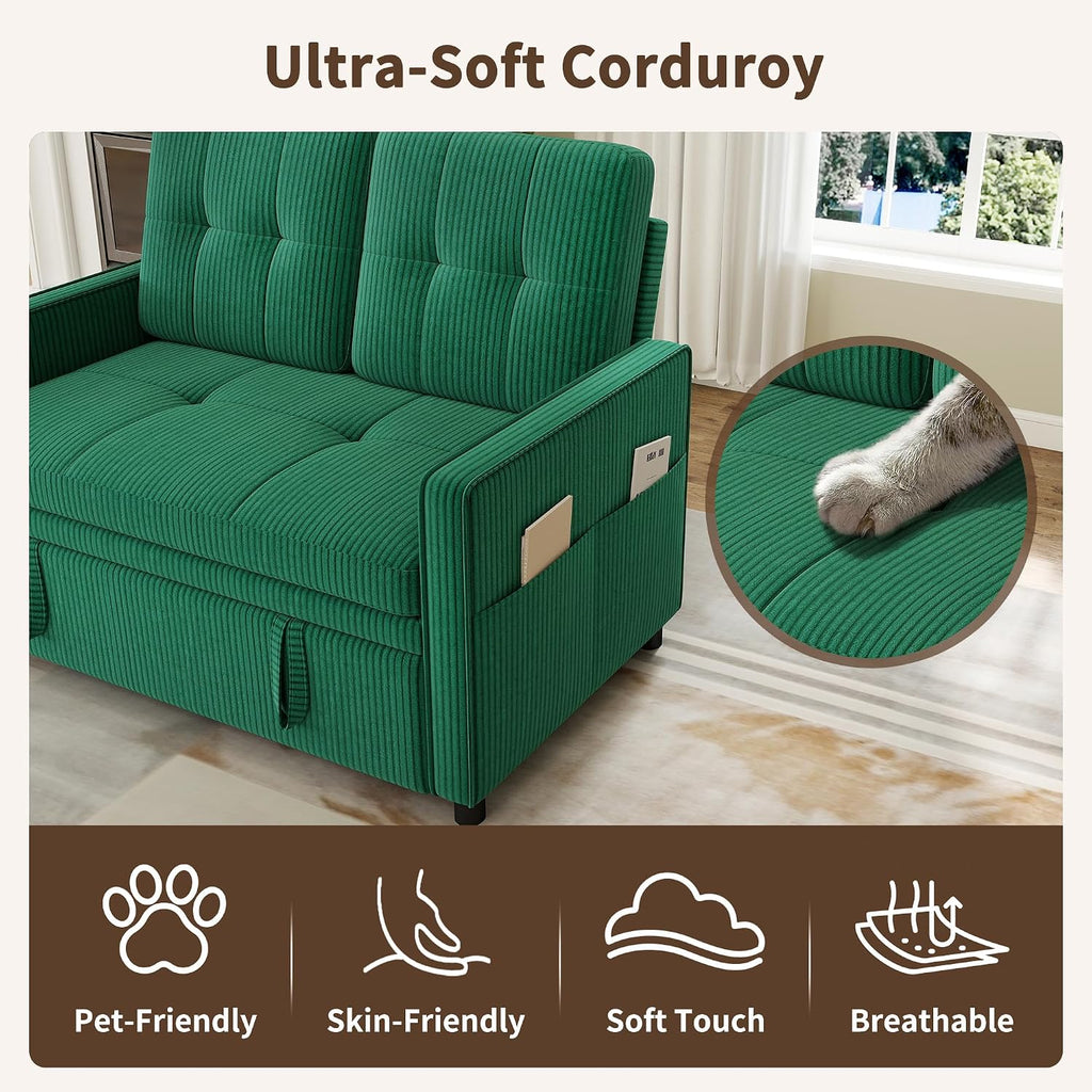 3 in 1 Convertible Sleeper Sofa Bed, Pull Out Couch with Charging Station, Corduroy Small Loveseat Sleeper Sofa with Adjustable Backrest for Apartment, Bedroom, Small Space（Green）