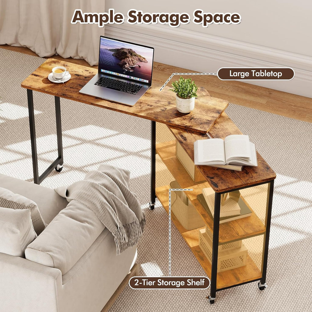 Giantex 360° Free Rotating Sofa Side Table, Patented Mobile End Table with 2-Tier Storage Shelves, 6 Universal Casters, Movable Laptop Tables for Snack, Couch, Light Brown