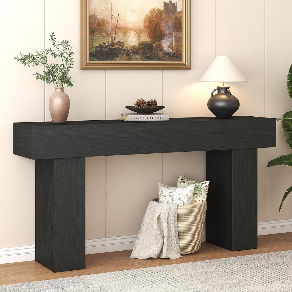 63 Inch Long Console Table for Entryway, Farmhouse Wood Rectangular Sofa Table Behind Couch Table, Narrow Entryway Table for Living Room, Entrance, Hallway, Foyer, Easy Assembly (Charcoal Black)