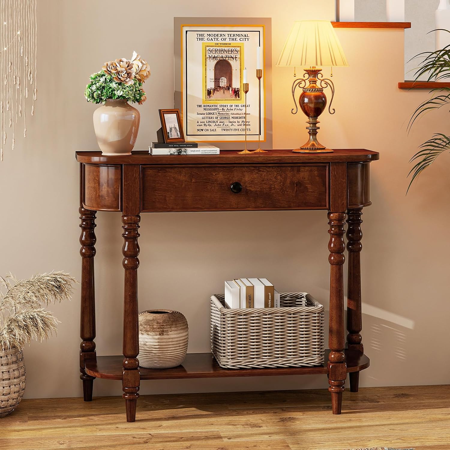 Giantex 2-Tier Console Table, 36' Retro Entryway Table with Storage Drawer & Elegant Legs, Narrow Wooden Sofa Table with Open Shelf for Living Room, Foyer, Hallway, Bedroom, Entrance (Brown)