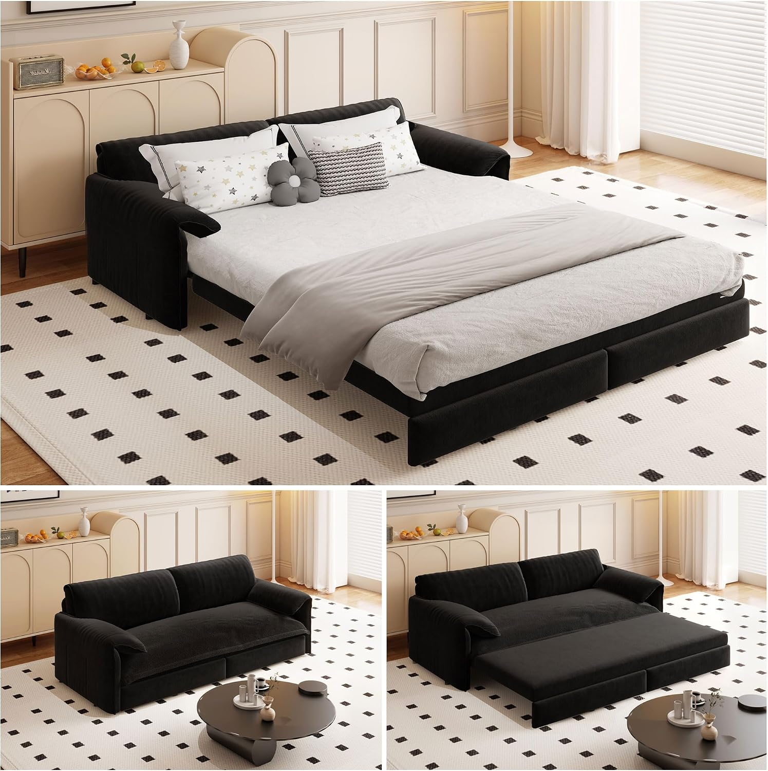 66' Queen Size Pull Out Sofa Bed, 3-in-1 Convertible Sleeper with Side Storage and Wheels, Velvet Loveseat for Living Room, Apartment, Bedroom, Black (Mattress & Bedding Not Included)