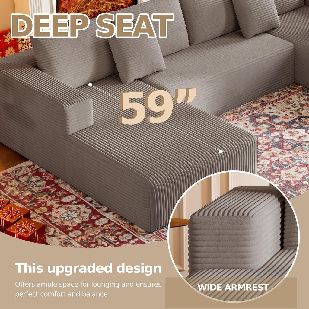CHORRO134.6''Sectional Boneless Couch for Livingroom,Modular Corduroy Cloud Couch, U-Shaped Sofa with Chaise and Pillows,4-Deep Seat Sectional Sofa with 1 Ottoman,(Camel,Left Chaise)