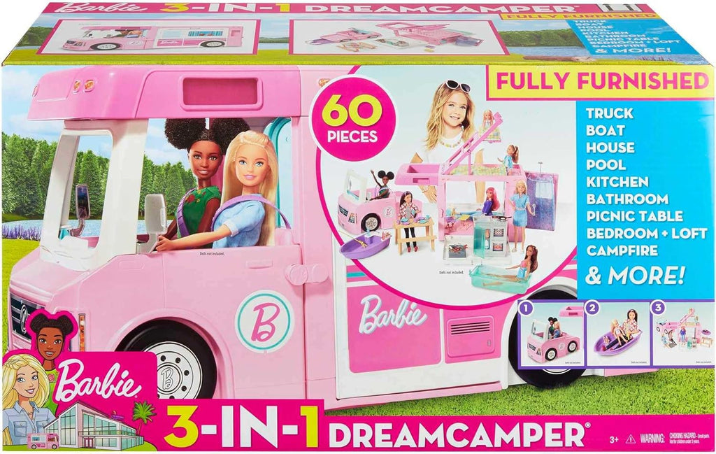 Barbie 3-in-1 DreamCamper Vehicle, Approx. 3-ft, Transforming Camper with Pool, Truck, Boat and 60 Accessories, Makes a Great Gift for 3 to 7 Year Olds