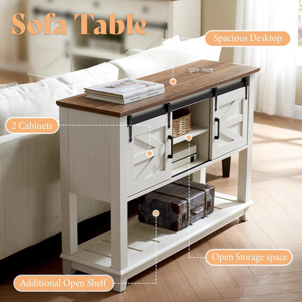 AMERLIFE Sofa Table with Sliding Barn Doors, TV Console Table, 46' Farmhouse Rustic Storage Entryway Table, Adjustable Open Shelves, Hallway, Living Room, Bedroom, Antique White