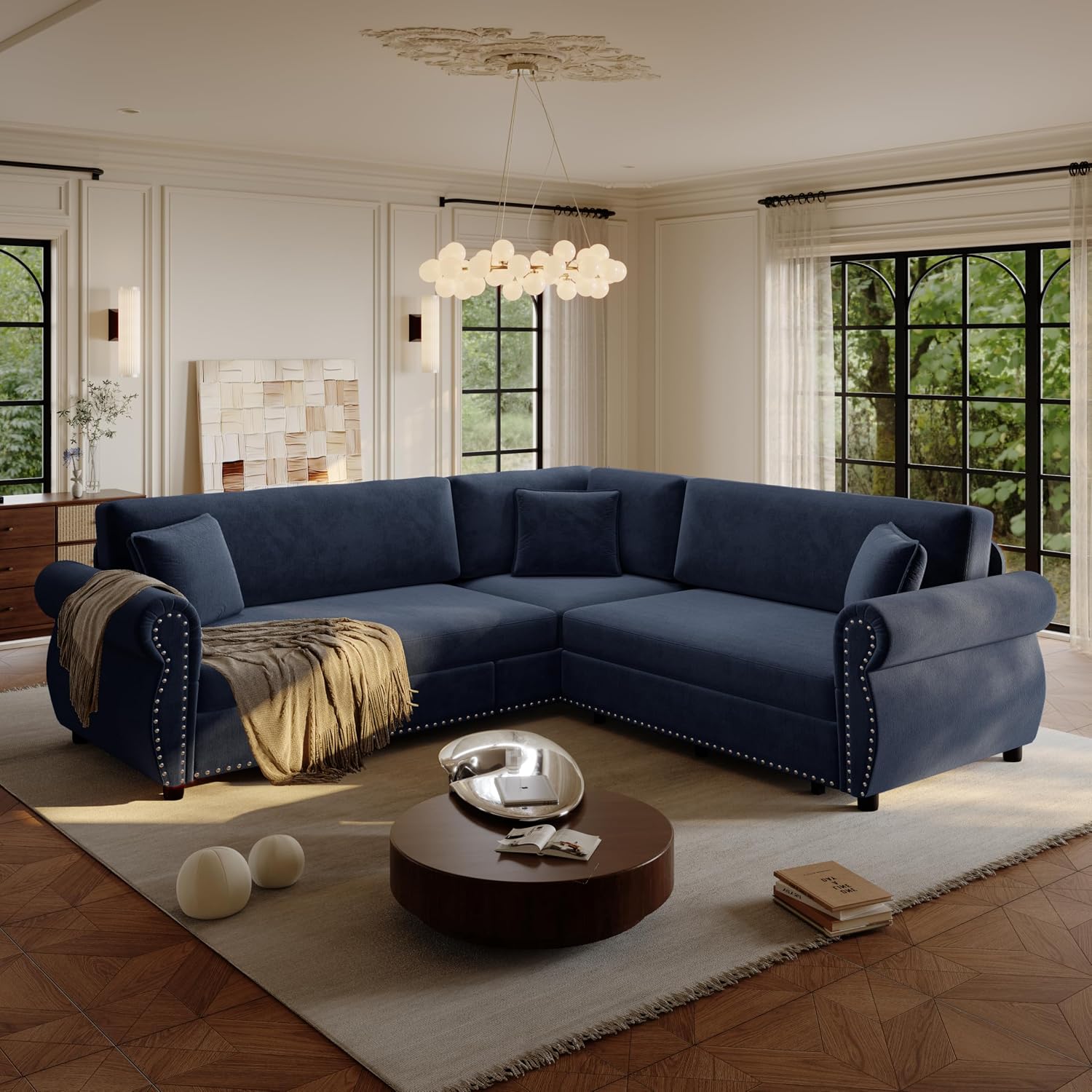 88'' Sleeper Sofa Bed Queen, L Shaped Sectional Sofa with Pull Out Couch Bed, Chenille 5 Seater Couch with Nailhead Trim & Rolled Arm, Sectional Couches for Living Room Furniture Set, Blue