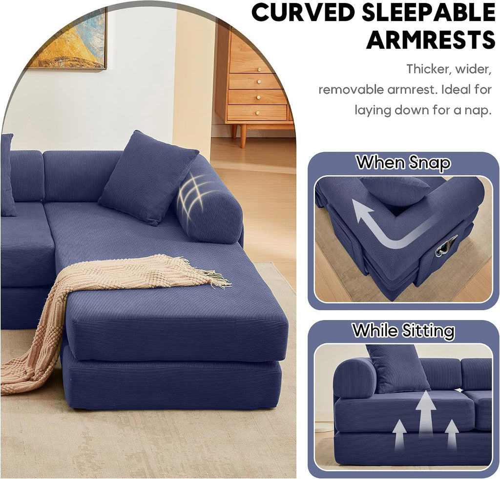 Modular L Shaped Sofa Bed with Cylindrical Pillow & Reversible Chaise, Corduroy Convertible Floor Boneless Sofa Couch Bed with Fixed-Shape Frame & Storage Pocket for Living Room, Blue