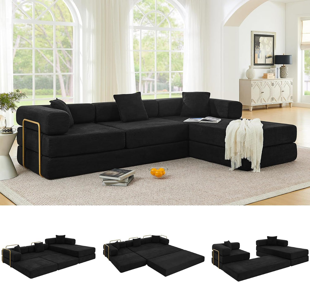 ivoros 108' Oversized Convertible Sleeper Sofa Bed, Corduroy L Shape Sectional Couch, Folding Sofa Bed with Fixed-Shape Frame, Modern Cloud Floor Mattress Couch, Modular Sofa for Living Room, Black