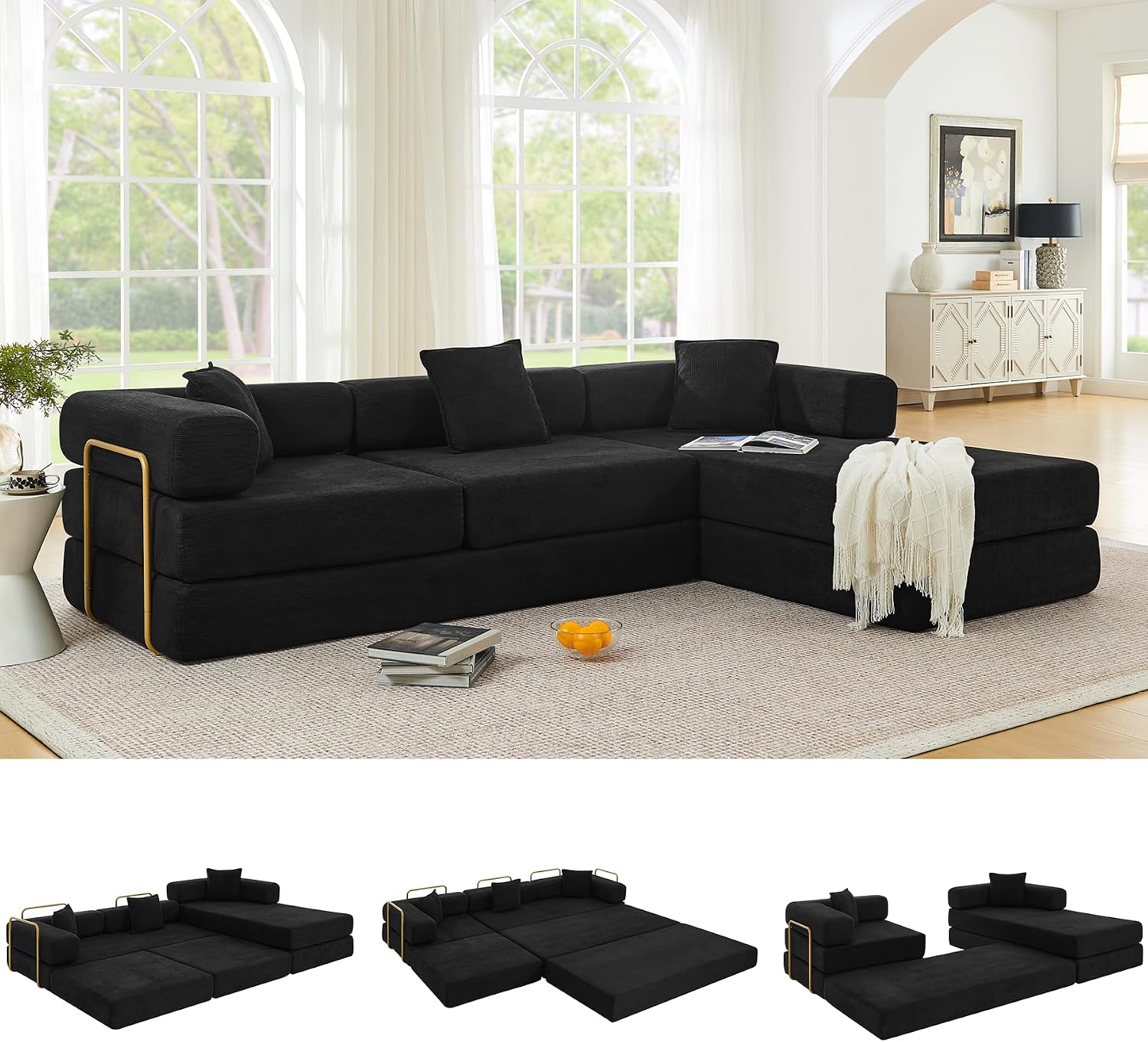 ivoros 108' Oversized Convertible Sleeper Sofa Bed, Corduroy L Shape Sectional Couch, Folding Sofa Bed with Fixed-Shape Frame, Modern Cloud Floor Mattress Couch, Modular Sofa for Living Room, Black