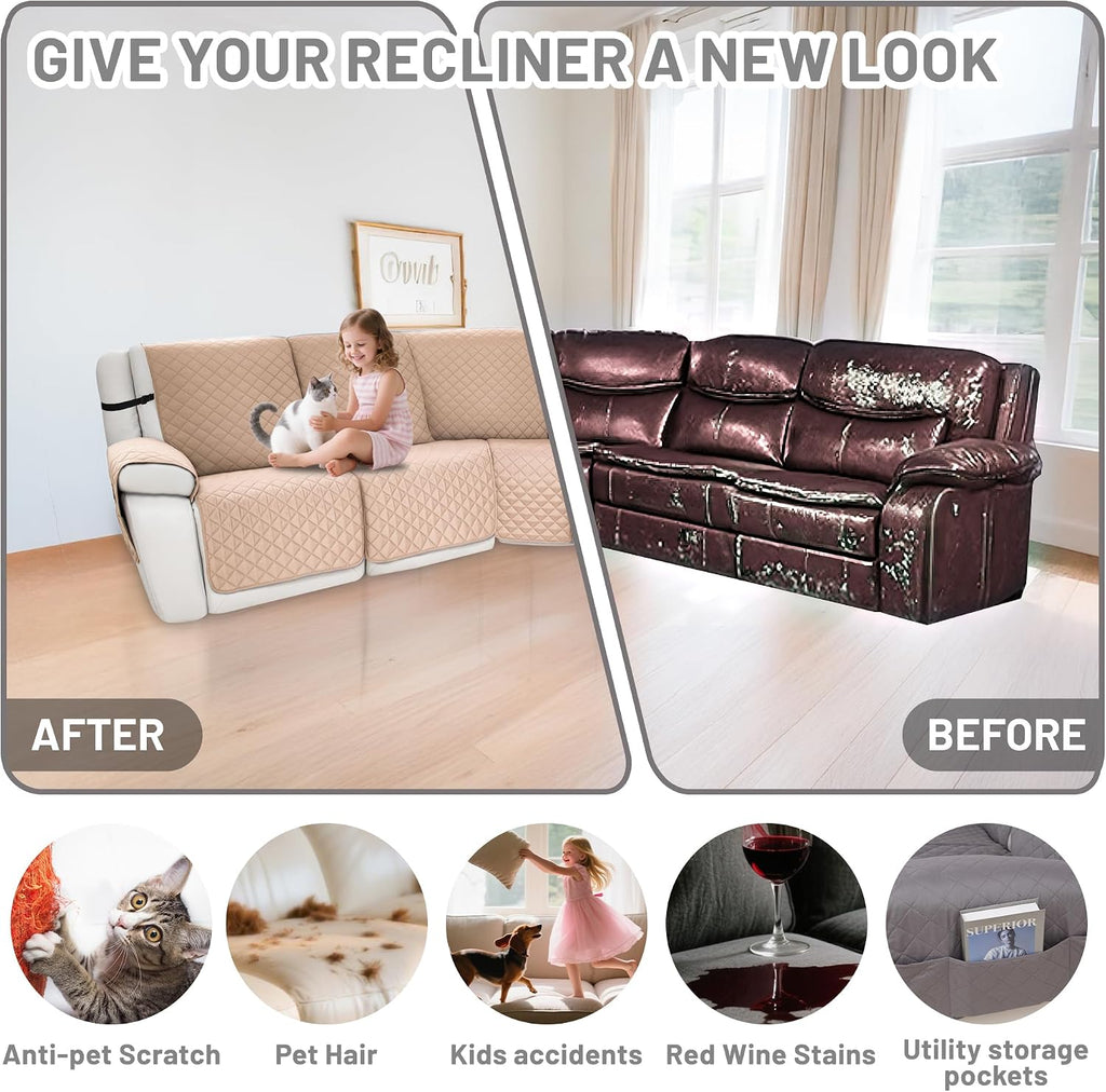 Waterproof Sectional Reclining Couch Covers L Shaped Recliner Sectional Sofa Cover 7 Piece Non Slip Washable Corner Recliner Slipcover Set for Pet Dog (5 Seater Cover, Apricot)