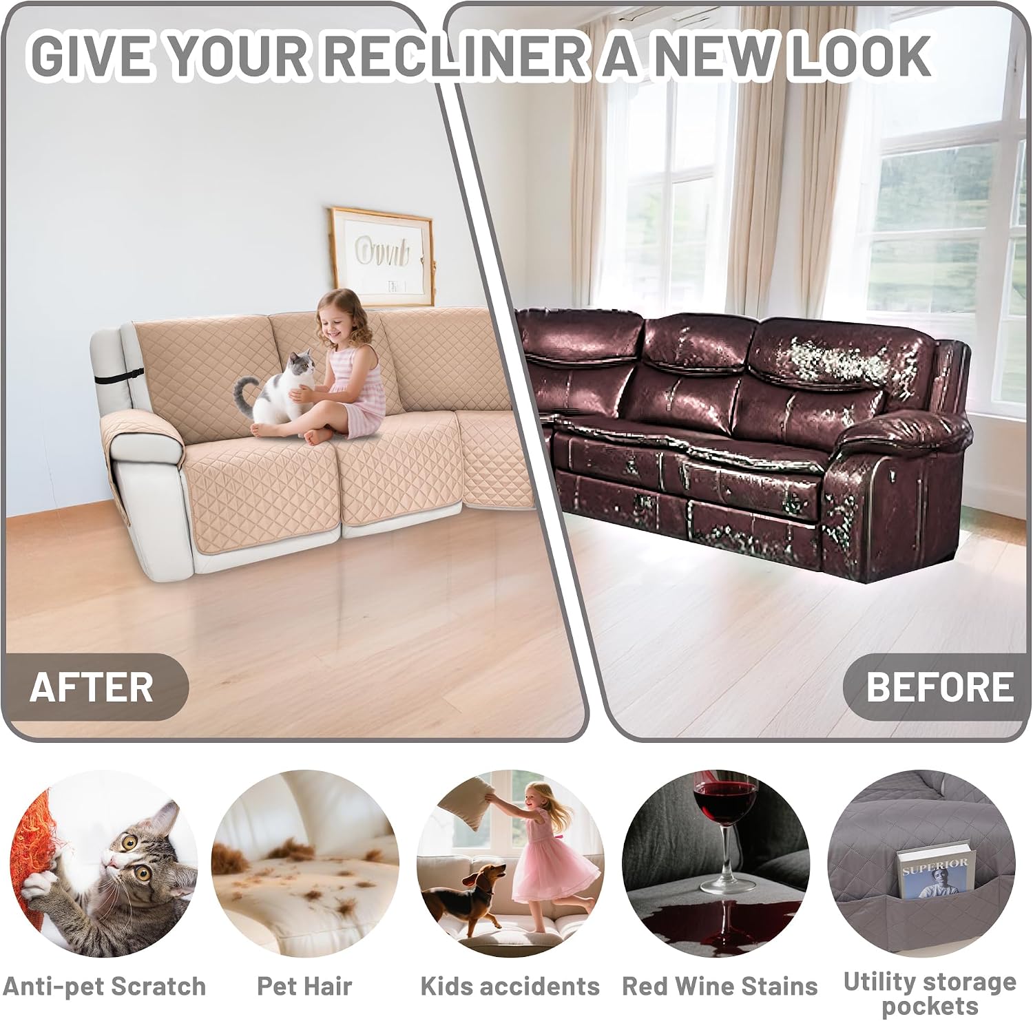 Waterproof Sectional Reclining Couch Covers L Shaped Recliner Sectional Sofa Cover 7 Piece Non Slip Washable Corner Recliner Slipcover Set for Pet Dog (5 Seater Cover, Apricot)