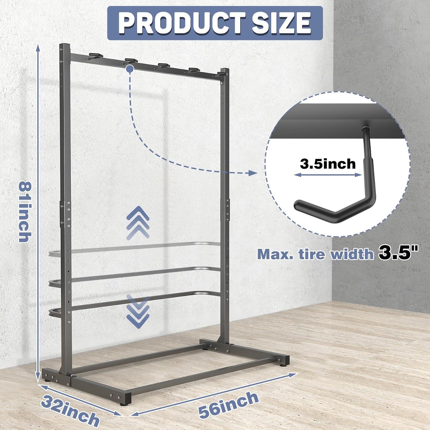 WALMANN Freestanding Bike Stand for Garage, 5 Bikes Vertical Bike Storage Stand Heavy Duty Bike Floor Stand, Holds Up to 70 lbs/Hook