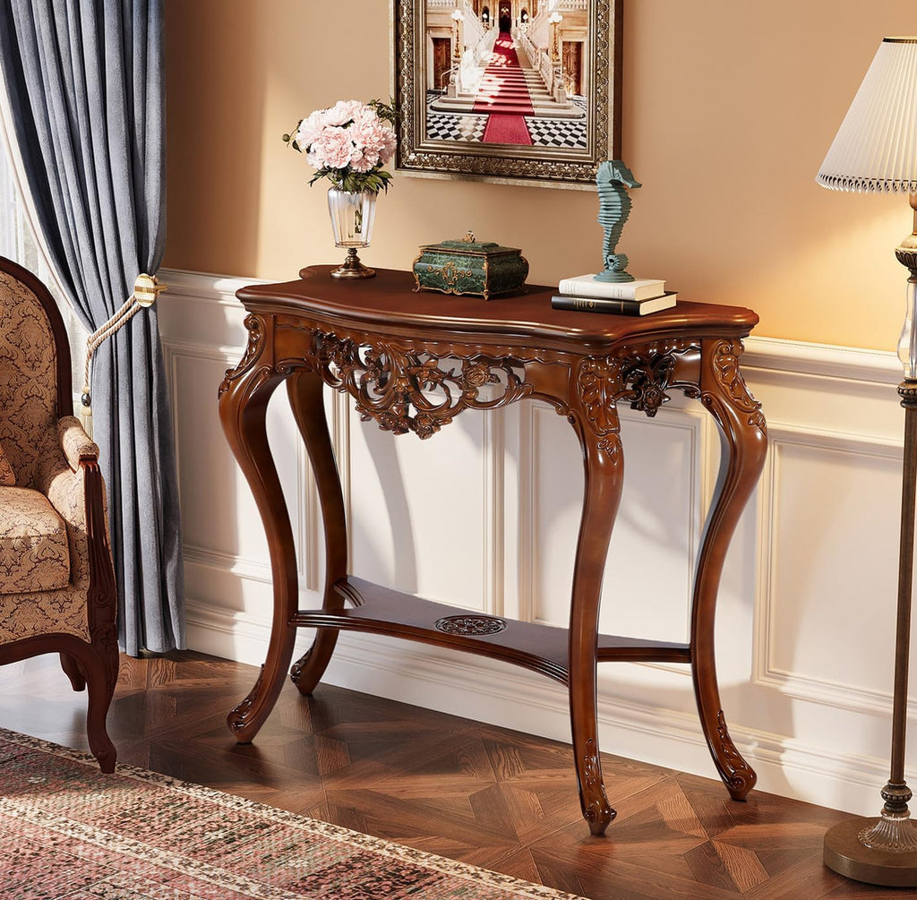 Tribesigns Antique Console Table, 38 Inch Victorian Half Moon Sofa Table with Hollow Floral Apron and Cabriole Legs, Vintage Traditional Decorative Furniture Tables for Entryway, Hallway, Living Room