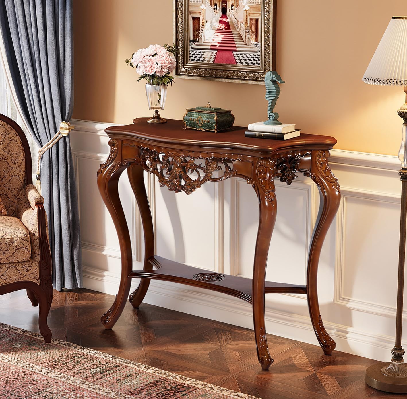 Tribesigns Antique Console Table, 38 Inch Victorian Half Moon Sofa Table with Hollow Floral Apron and Cabriole Legs, Vintage Traditional Decorative Furniture Tables for Entryway, Hallway, Living Room