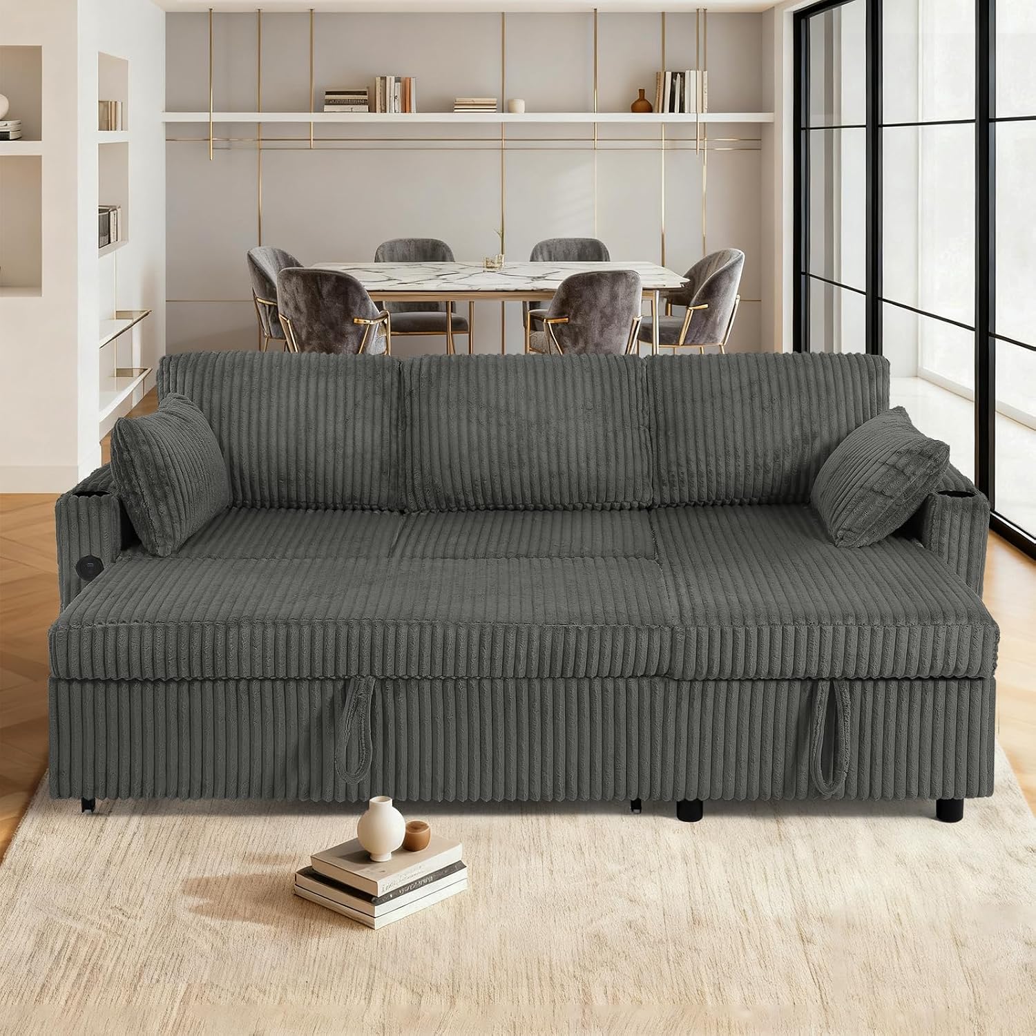 84' Corduroy Pull Out Sofa Bed w/Adjustable Backrests, Sectional L-Shape Sleeper Sofa w/Storage Chaise, Convertible Couch Bed w/USB Charging Port & Cup Holders for Living Room, House, Grey