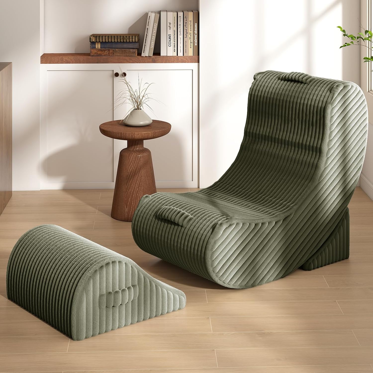 3-in-1 Adjustable Zero Gravity Floor Chair, Oversized Corduroy Boneless Chair for Adults with Memory Foam & Washable Cover, Silent Rocker Recliner Lounge Chair for Reading, Nursing, Gaming, Green