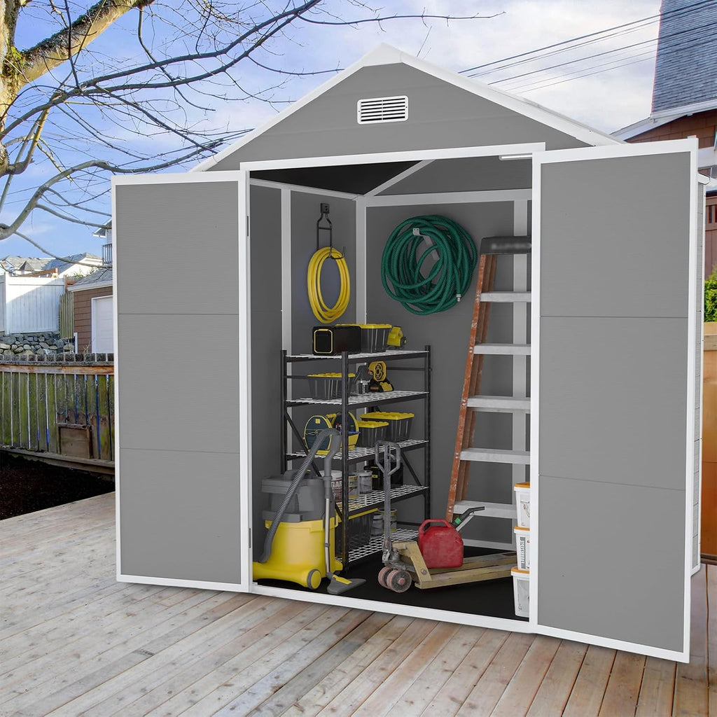 6 x 5 FT Resin Outdoor Storage Shed, Plastic Garden Shed with Floor, Large Storage Space, Lockable Doors & Windows, Plastic Tool Shed, 12mm Thick PP Board (6X5 FT)