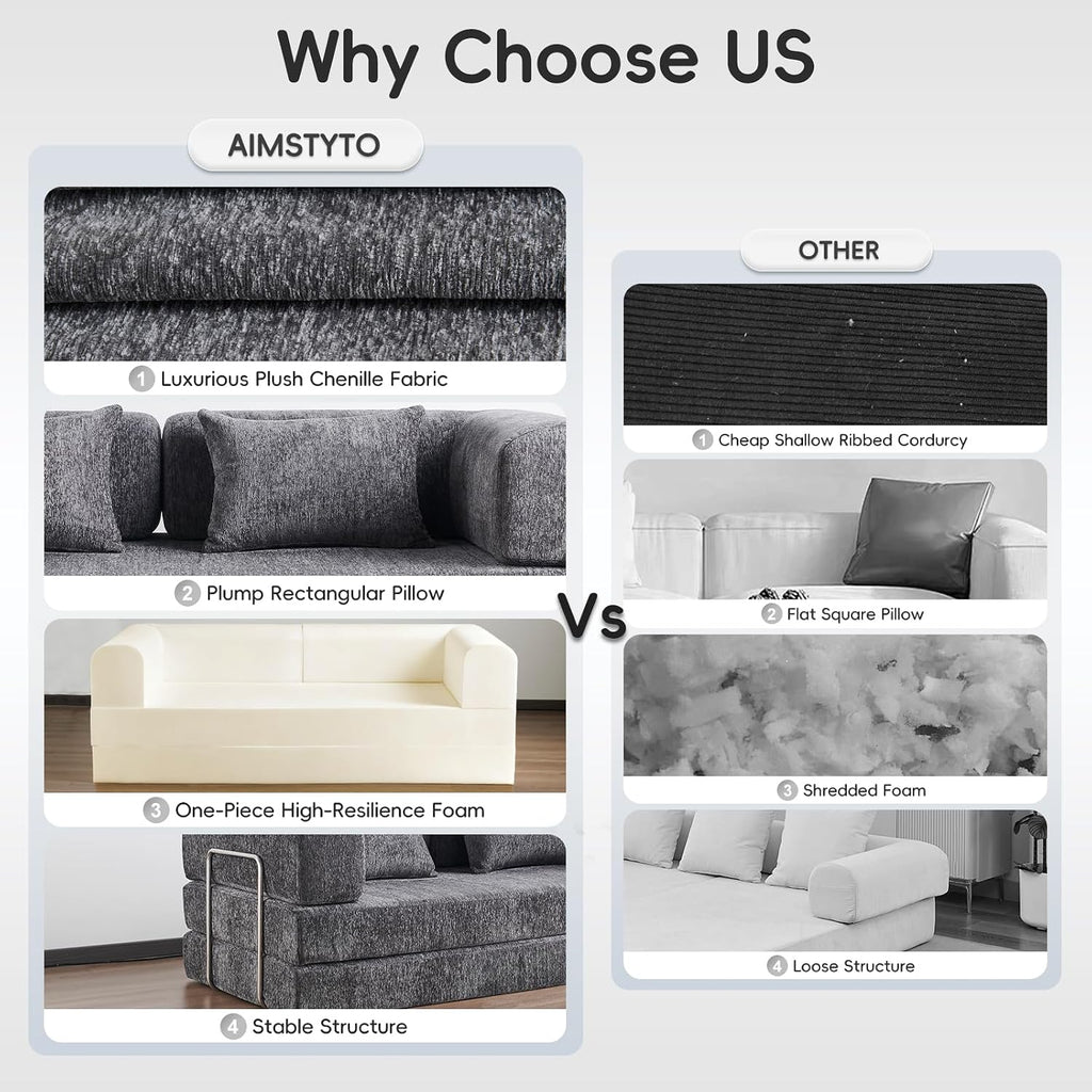 5-in-1 Convertible Folding Sofa Bed, 79' Queen Chenille Boneless Couch with Removable Armrests, No Assembly Loveseat Sleeper Sofa, Modular Futon Couch for Living Room & Bedroom, Dark Grey