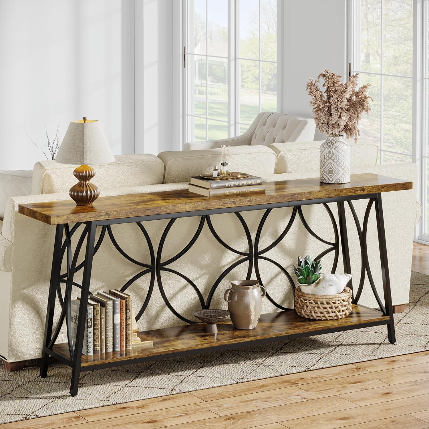 Celaform 70.9-Inch Sofa Table, 2-Tier Narrow Console Table with Storage for Living Room, Entryway, Hallway, Foryer, Geometric Pattern Design (Rustic Brown)
