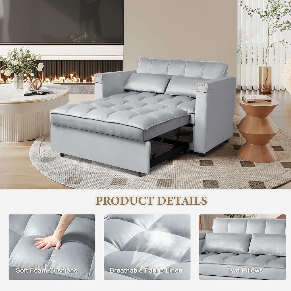 weselon Velvet Convertible 3 in 1 Sleeper Sofa Bed, Small Upholstered Loveseat Pull Out Couch, Multi-Functional Sleeper Futon with Hidden Table and Adjustable Backrest for Living Room (Gray)