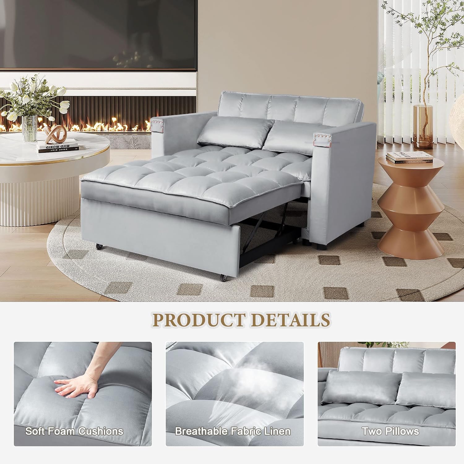 weselon Velvet Convertible 3 in 1 Sleeper Sofa Bed, Small Upholstered Loveseat Pull Out Couch, Multi-Functional Sleeper Futon with Hidden Table and Adjustable Backrest for Living Room (Gray)