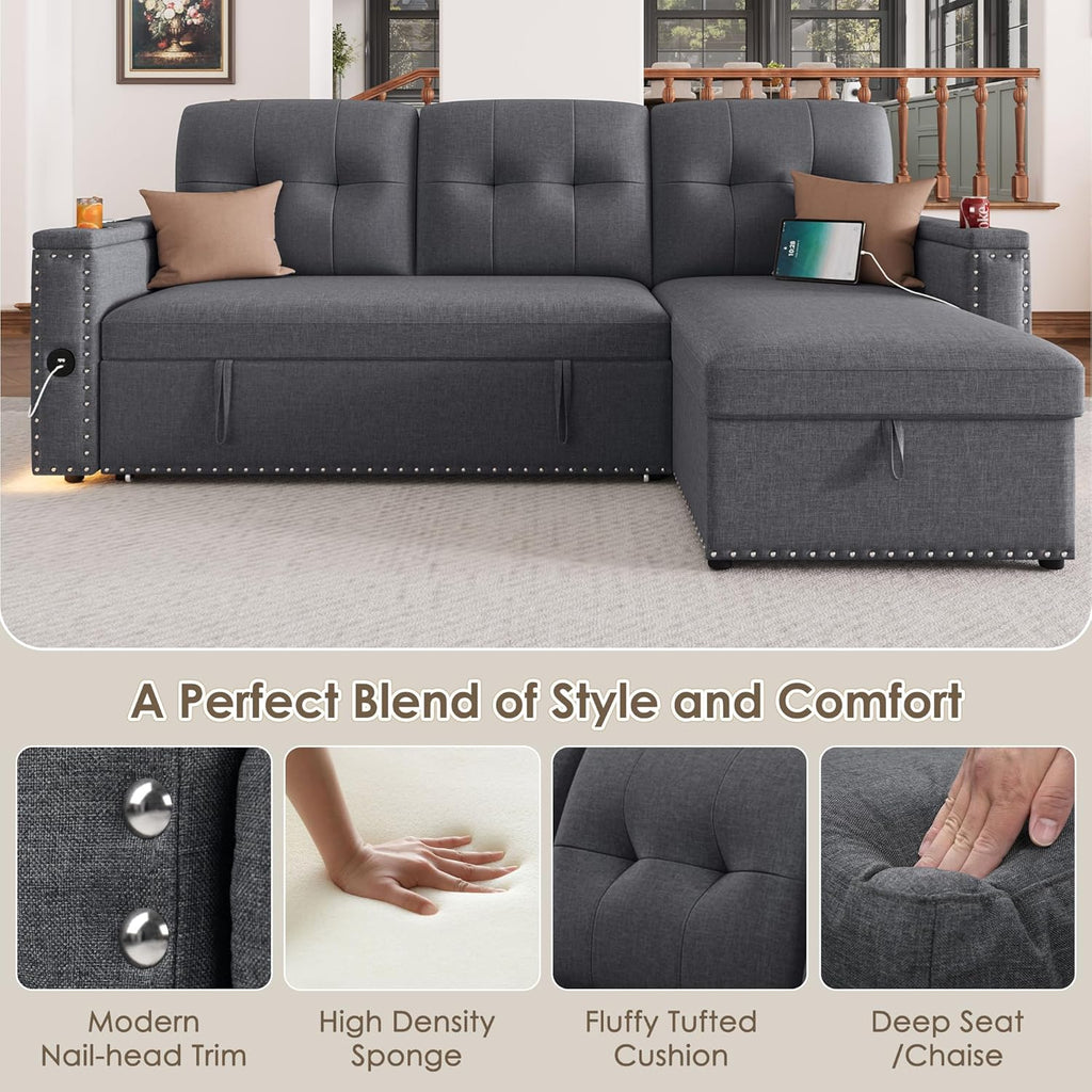 HIFIT Sleeper Sofa Bed- 81' L Shaped Pull Out Couches for Living Room with Storage Chaise, 2 Storage Armrest, LED Light&USB Port&Cupholder, Modern Linen Sectional Home Sofa Living Room Furniture, Grey