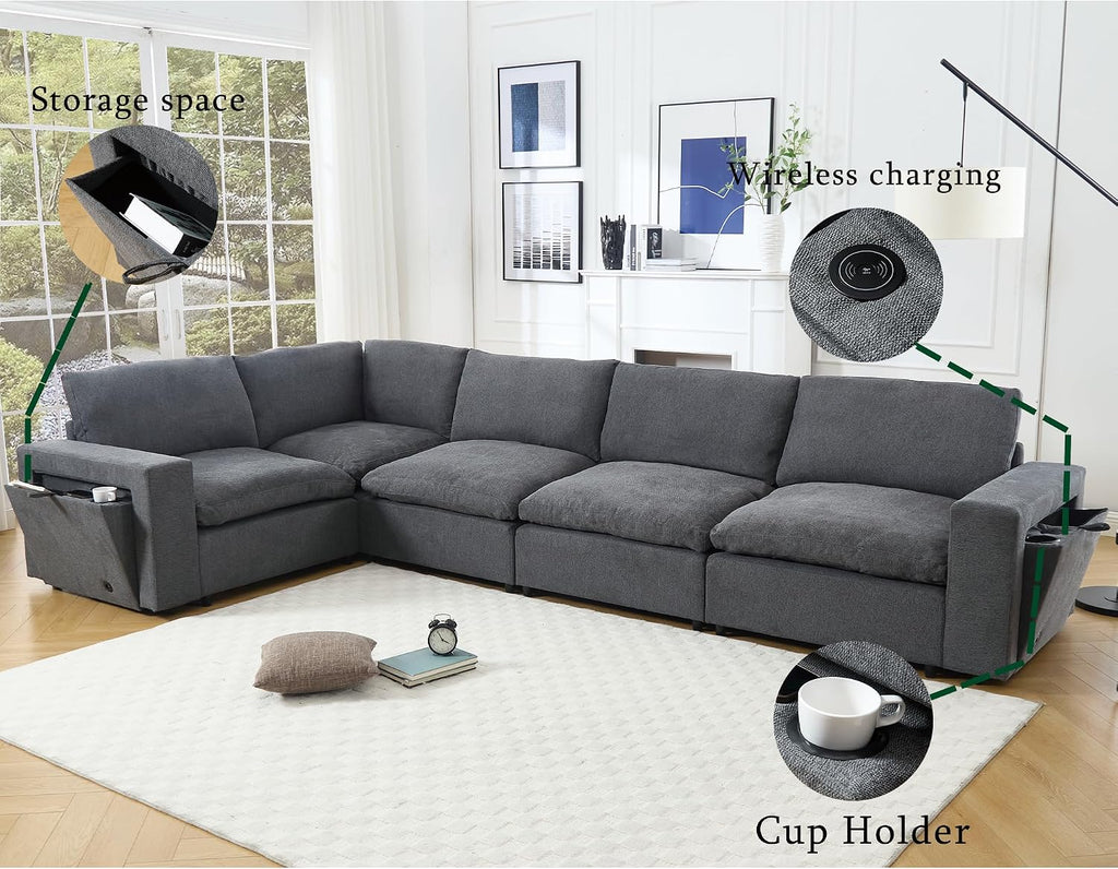 Modular Sectional Couch, L-Shaped Sectional Sofa Chaise with Dual USB-C Charging & Cup Holders, Modern 5 Seat Couches for Living Room with Storage & Armrests, Soft Linen Fabric, Grey