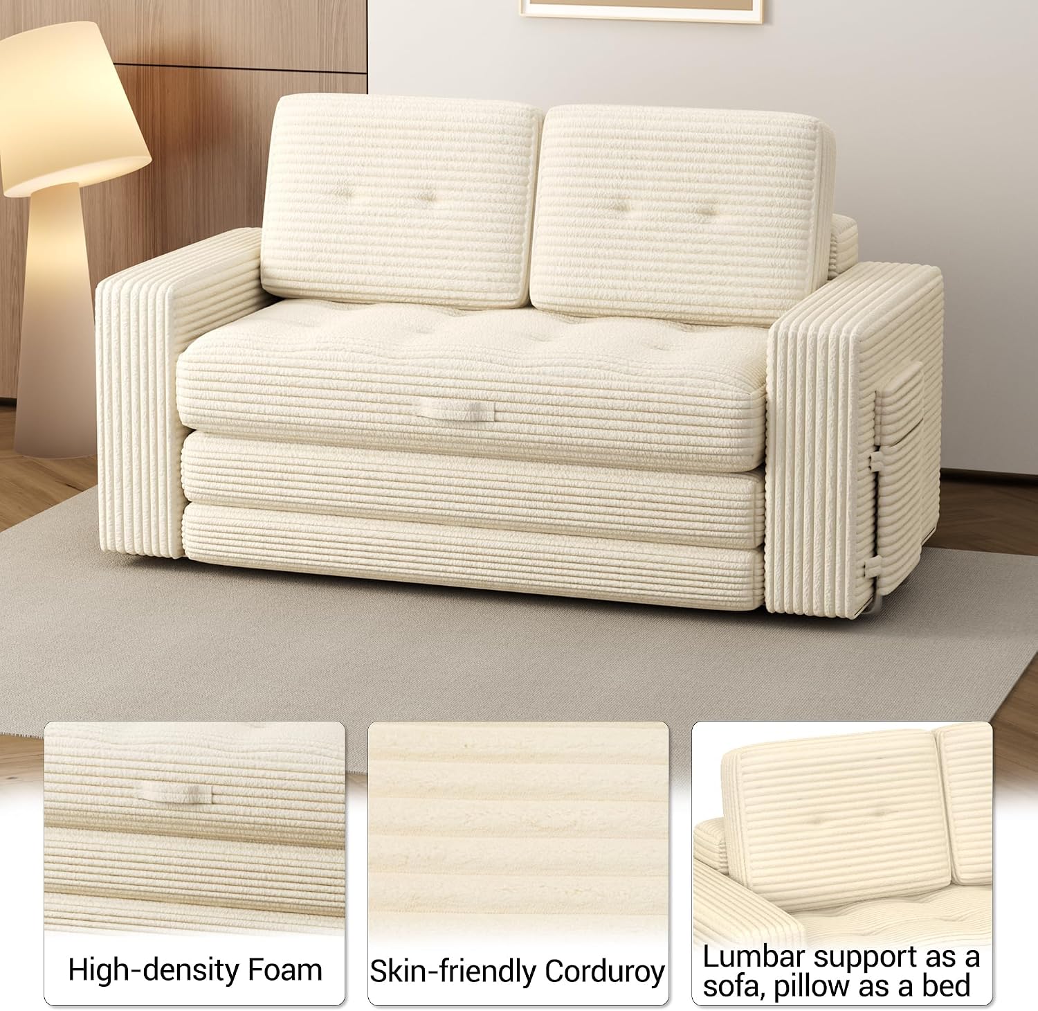 2 in 1 Convertible Sofa Bed, Pull Out Loveseat Boneless Couch, Sleeper Sofabed, Folding Couch Bed with Pillow for Living Room Bedroom, Beige (Slightly Yellow)