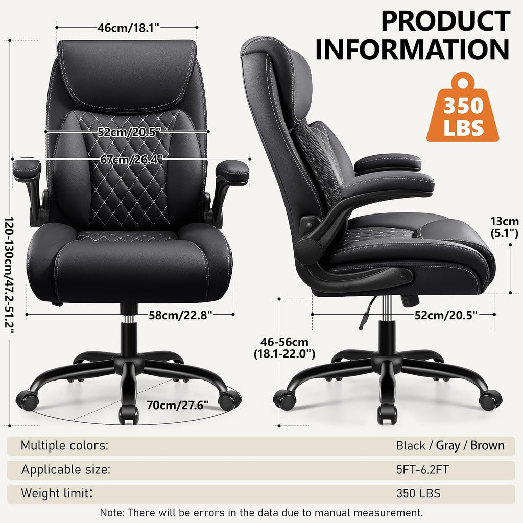 BESTFAIR Office Chair, Ergonomic Computer Desk Chairs with Lumbar Support for Lower Back Pain Relief, Executive Leather Home Chair Comfy with Padded Flip-up Armrests, Black, 2-Pack