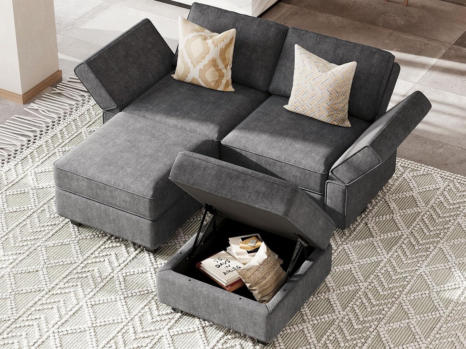 Bellfin Modular Sectional Sleeper Sofa Convertible Sofas with Storage Ottomans Small Sectional Couches for Living Room. Dark Grey Couch