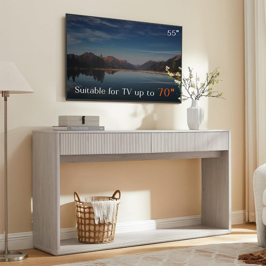 OKD 63' Fluted Console Table for Entryway, Modern Entryway Table with 2 Large Drawers, Long Sofa Table Behind Couch for Living Room, Hallway, Couch, Foyer，Alder White