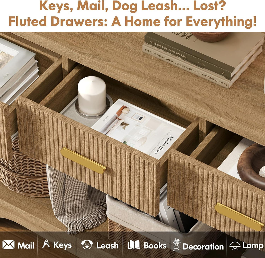 Fluted Console Table with Drawers, 47' Narrow Entryway Table with 3 Drawers and Open Storage Shelf, Long Sofa Tables Modern Behind Couch Tables for Living Room, Foyer and Hallway