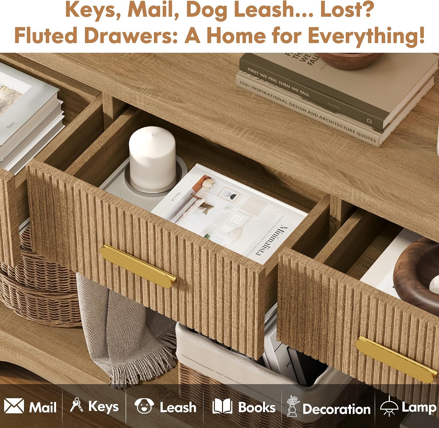 Fluted Console Table with Drawers, 47' Narrow Entryway Table with 3 Drawers and Open Storage Shelf, Long Sofa Tables Modern Behind Couch Tables for Living Room, Foyer and Hallway
