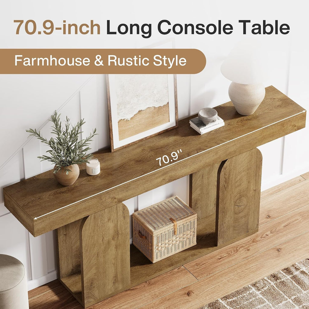 Tribesigns Farmhouse Wood Console Table, 70.9-Inch Entryway Accent Table with U-Shaped Base, 2-Tier Extra Long Sofa Tables for Entrance, Hallway, Living Room (Light Brown)