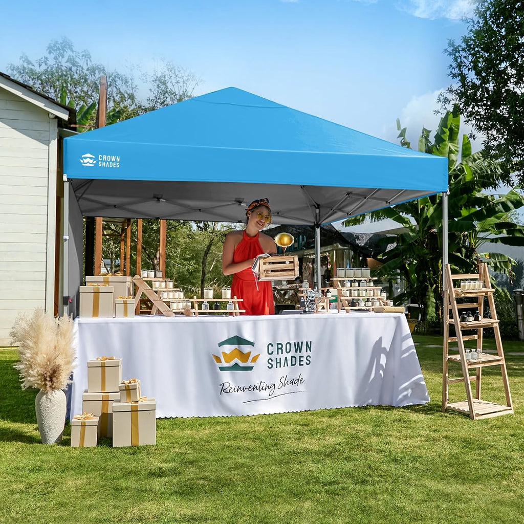 CROWN SHADES Pop Up Canopy with 1 Side Wall - Beach Tent with One Push Setup - Outdoor Sun Shade for Events, Parties, Camping - Gazebo with STO-N-Go Cover Bag, Sky Blue, 8x8FT