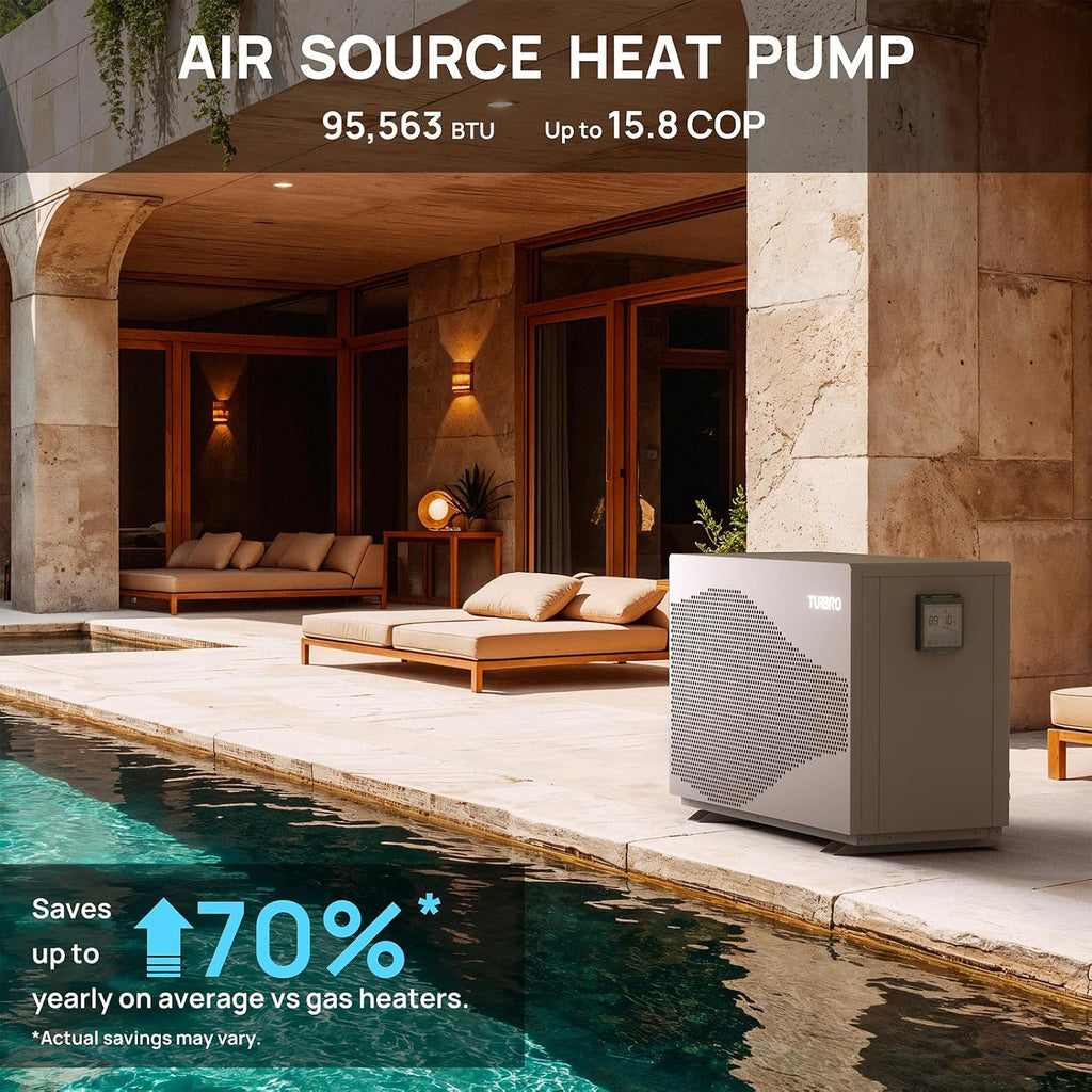 TURBRO 95,563 BTU Inverter Swimming Pool Heat Pump, Up to 26,000 Gallons, WiFi Control Electric Pool Heater for Inground Pools, Up to 15.8 COP, 220-240V, for Light Commercial Use, Beluga B100V