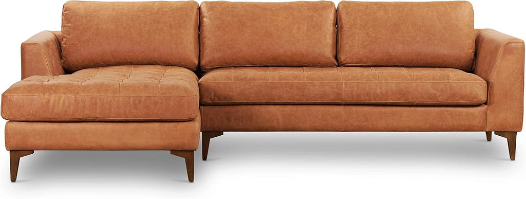 POLY & BARK Calle Left-Facing Sectional Sofa, Full-Grain Pure-Aniline Italian Leather, Cognac Tan, Solid Wood Legs