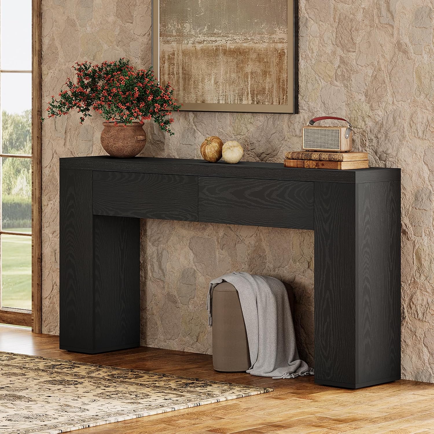 Tribesigns 63-Inch Wooden Foyer Table with with 2 Hidden Drawers, Farmhouse Console Table for Living Room, Hallway, Entrance, Easy Assembly (Black)