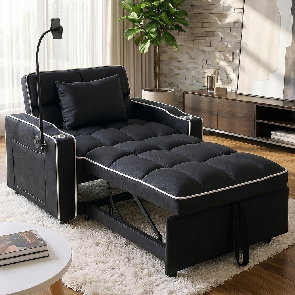 Majnesvon Modern Velvet Fabric Sofa Bed Futon,3 in 1 Convertible Pullout Bed Couches with 3 Reclining Backrests,Phone Stand,Small Sofa Single Sleeper Chair Bed for Living Room Bedroom (Black)