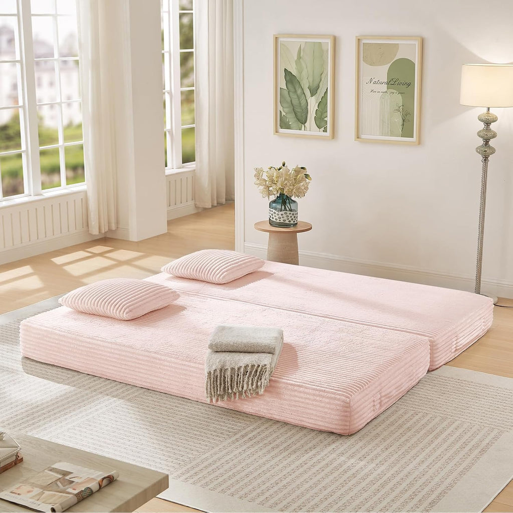 Modular Couch Bed, Convertible Folding Plush Corduroy Comfy Floor Memory Foam Compression Loveseat Sleeper Sofa Couch, King Size Bed for Guest Room Living Room Bedroom, No Assembly Required, Pink