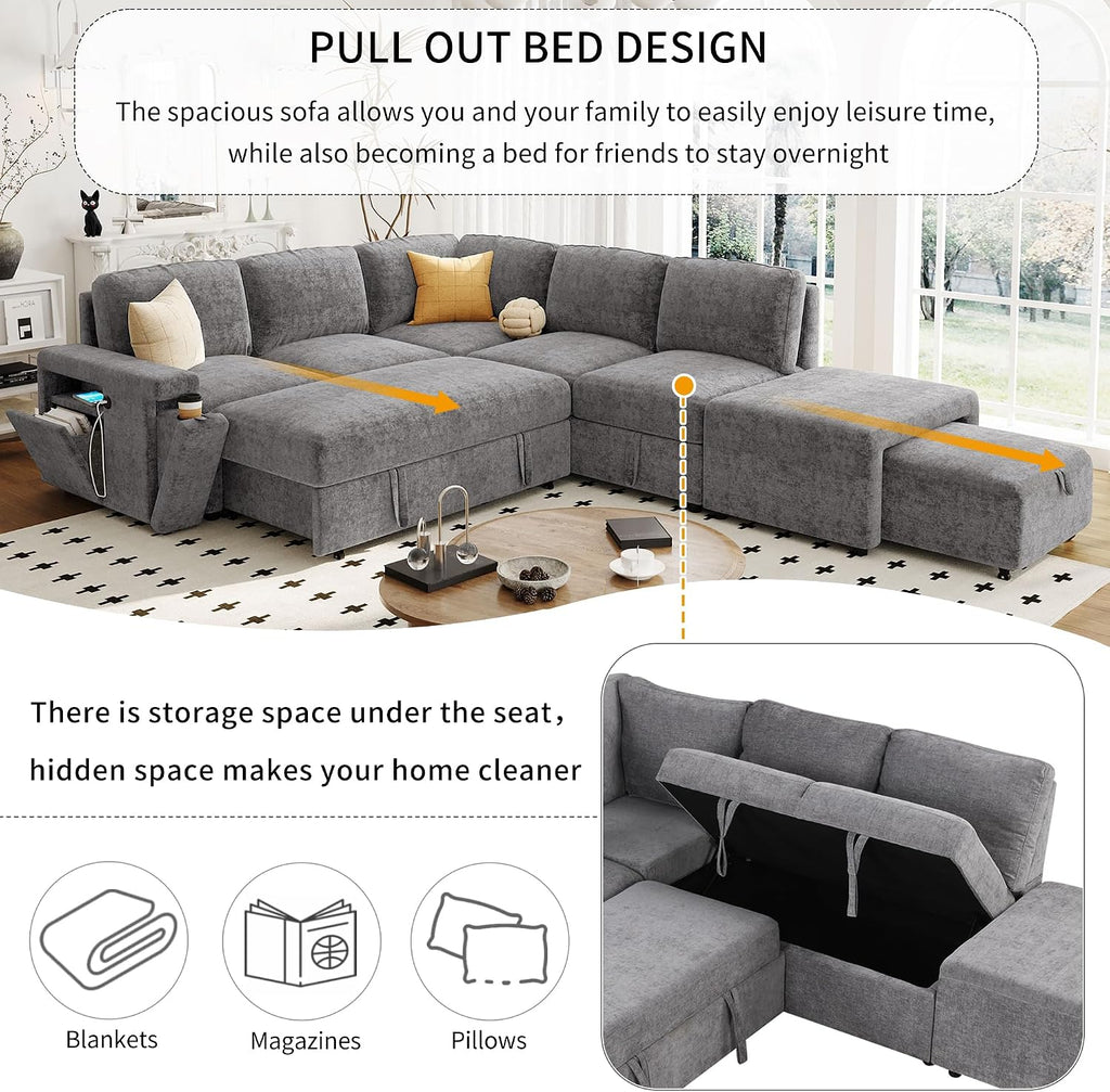 LUMISOL 90' Convertible Sleeper Sofa Bed with Ottoman, L-Shaped Sectional Sofa Bed with USB Ports, Cup Holders & Storage, Modular Sofa Pull Out Couch Bed with Storage Chaise for Living Room, Gray
