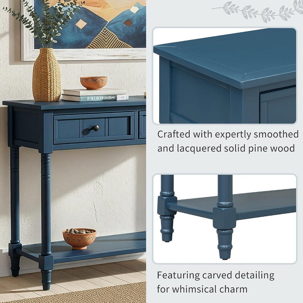 Knocbel Antique Entry Console Table with 2 Drawers & Bottom Open Shelf, Wood Sofa Tables for Entryway Hallway Living Room, 35.34' W x 13.8' D x 30.25' H, Dark Navy