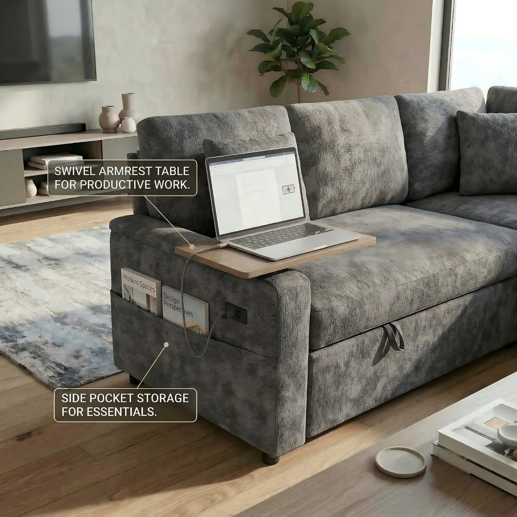 81' Modular Sectional Sofa, L Shaped 5-Seater Sleeper Sofa with Pull Out Bed, Hidden Storage, Cup Holders & USB Charging Ports, Sectional Couches for Living Room, Chenille, Grey