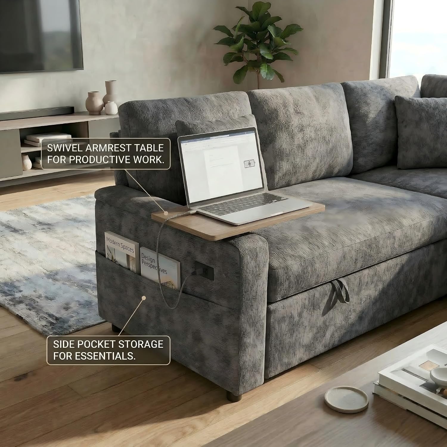 81' Modular Sectional Sofa, L Shaped 5-Seater Sleeper Sofa with Pull Out Bed, Hidden Storage, Cup Holders & USB Charging Ports, Sectional Couches for Living Room, Chenille, Grey
