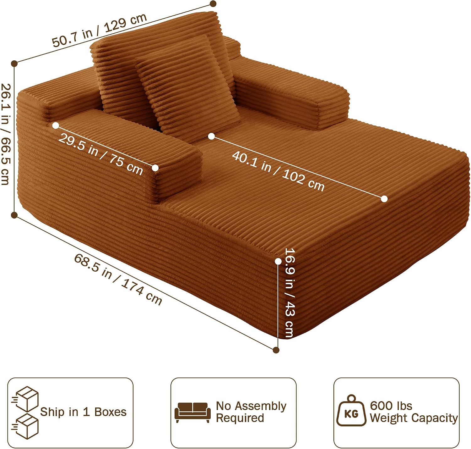 68.5' Oversized Chaise Lounge Chair Indoor, Boneless Sleeper Sofa Bed with Pillows, Deep Seat Sleeper Couch Reading Chairs, Cloud Sofas Couches for Living Room, No Assembly Required
