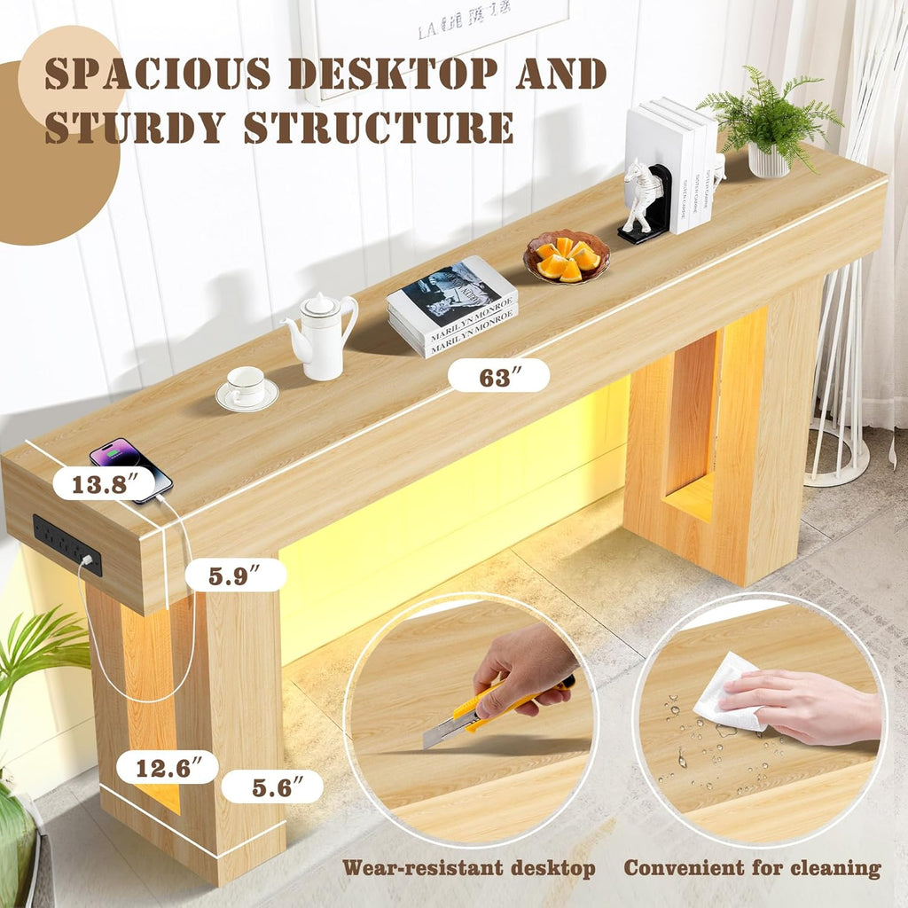 Grepatio 63 Inch Entryway Console Table, Wood Entry way Table with LED Light, Long Console Table with USB Power Outlet, Narrow Sofa Behind Couch Tables for Entrance, Hallway, Living Room (LED Natural)